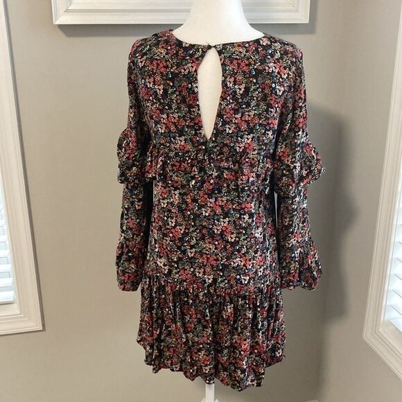 Zara Trafaluc Collection Black Floral Boho Tiered Ruffle Fall Tunic Mini Dress - Picture 7 of 16